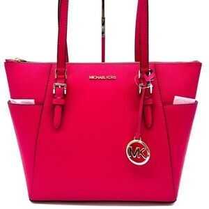 Michael Kors Large Charlotte Tote Bag Luggage Leather Electric Pink (NWT)